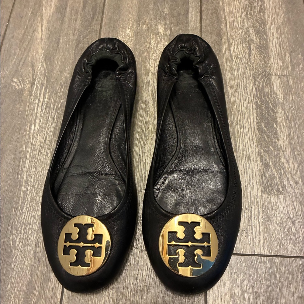 Tory Burch Black Flats with Gold Emblem